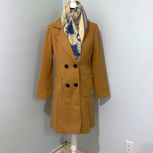 Chouyatou Women Elegant Notched Collar Double Breasted Wool Blend Over Coat Women Chouyatou - Chouyatou Women Elegant Notched Collar Double